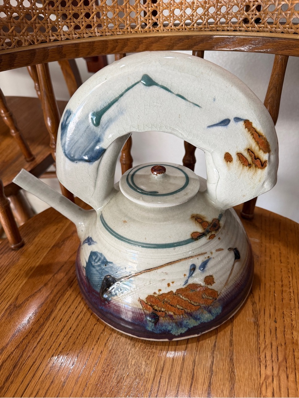 Large Studio Art Pottery Teapot Asian Landscape Arch Handle Signed